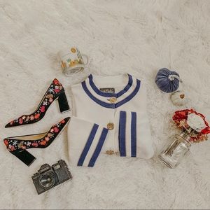 Vintage Grandma White Nautical Cardigan SZ L